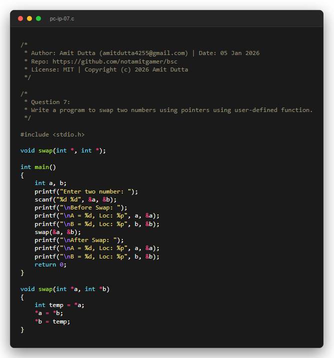 Question 7: Write a program to swap two numbers using pointers using user-defined function.